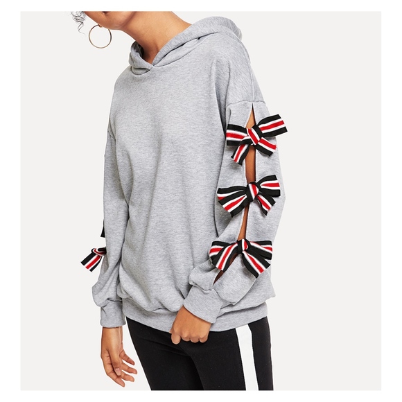 Grey Cut Out Bow Sleeve Hoodie Sweatshirt - Picture 3 of 5